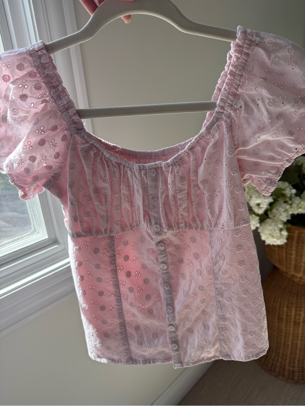 Hollister Pink Eyelet Button-Front Peasant Top